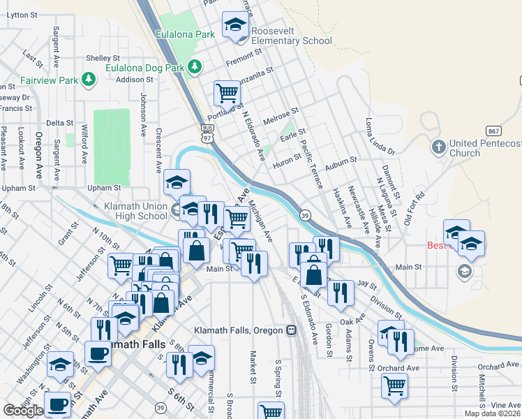map of restaurants, bars, coffee shops, grocery stores, and more near 1737 Menlo Way in Klamath Falls