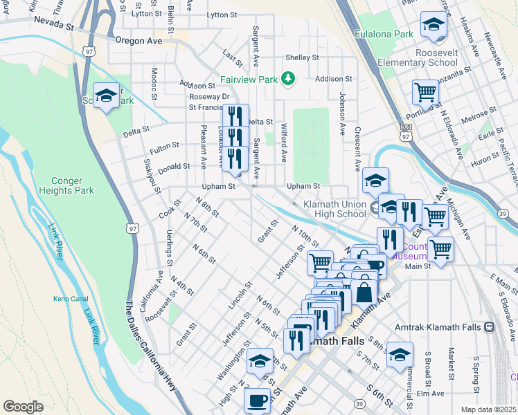 map of restaurants, bars, coffee shops, grocery stores, and more near 912 Prospect Street in Klamath Falls