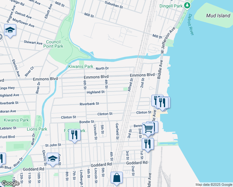 map of restaurants, bars, coffee shops, grocery stores, and more near 369 Highland Street in Wyandotte