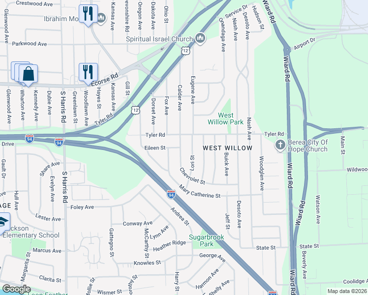 map of restaurants, bars, coffee shops, grocery stores, and more near 1936 Eileen Street in Ypsilanti
