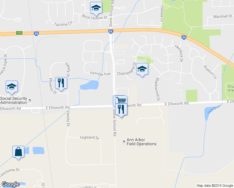 map of restaurants, bars, coffee shops, grocery stores, and more near 3024 Cloverly Lane in Ann Arbor