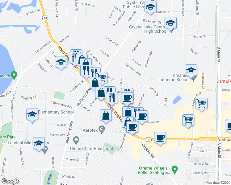 map of restaurants, bars, coffee shops, grocery stores, and more near 253 Uteg Street in Crystal Lake