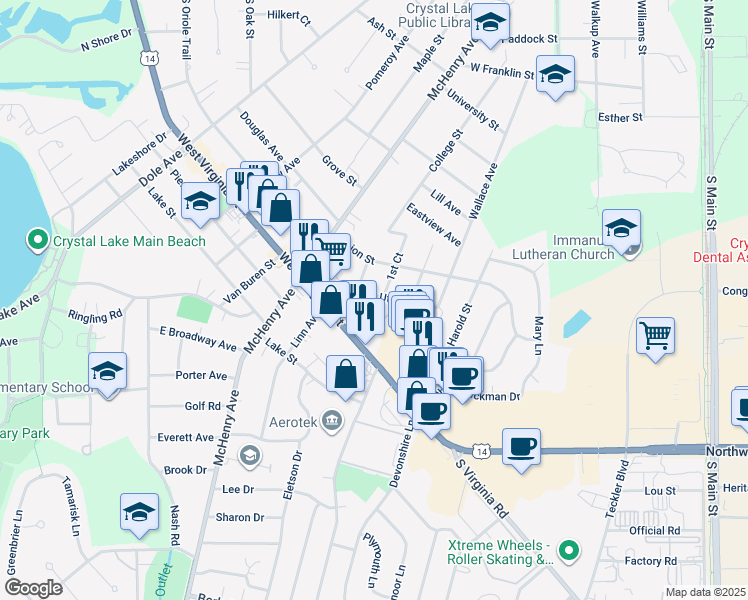 map of restaurants, bars, coffee shops, grocery stores, and more near 253 Uteg Street in Crystal Lake
