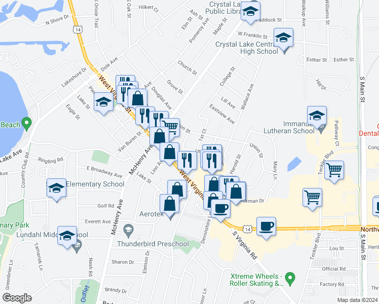 map of restaurants, bars, coffee shops, grocery stores, and more near 253 Uteg Street in Crystal Lake