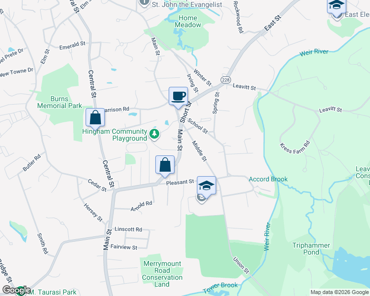 map of restaurants, bars, coffee shops, grocery stores, and more near 338 Main Street in Hingham