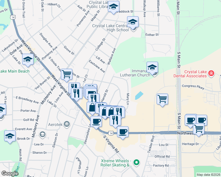 map of restaurants, bars, coffee shops, grocery stores, and more near 361 Harold Street in Crystal Lake