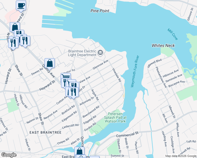 map of restaurants, bars, coffee shops, grocery stores, and more near 87 Trefton Drive in Braintree