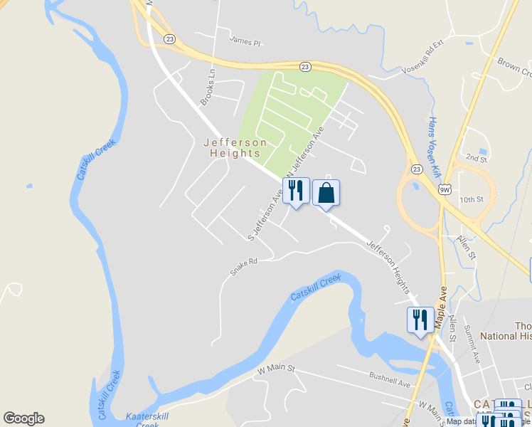 map of restaurants, bars, coffee shops, grocery stores, and more near 0 South Jefferson Avenue in Catskill