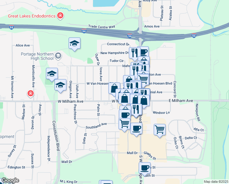 map of restaurants, bars, coffee shops, grocery stores, and more near 5916 Ohio Avenue in Portage