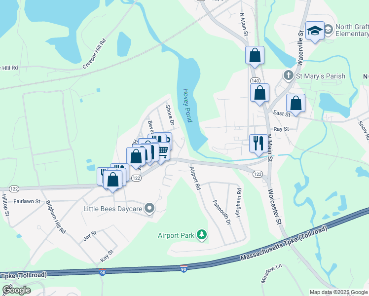map of restaurants, bars, coffee shops, grocery stores, and more near 18 Hovey Pond Drive in Grafton