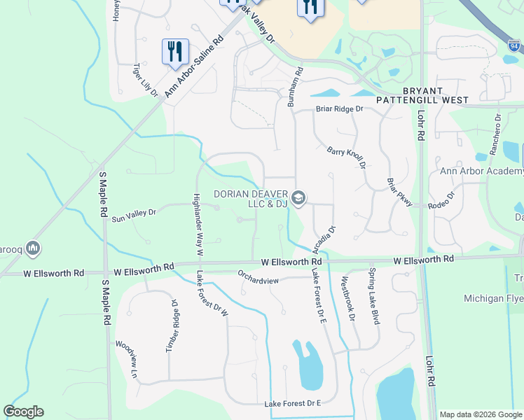 map of restaurants, bars, coffee shops, grocery stores, and more near 3839 Highlander Way East in Ann Arbor