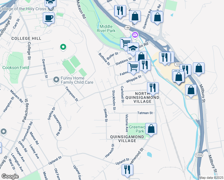 map of restaurants, bars, coffee shops, grocery stores, and more near 55 Whipple Street in Worcester