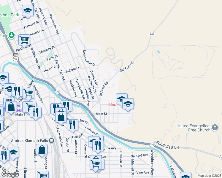 map of restaurants, bars, coffee shops, grocery stores, and more near 245 Angela Court in Klamath Falls