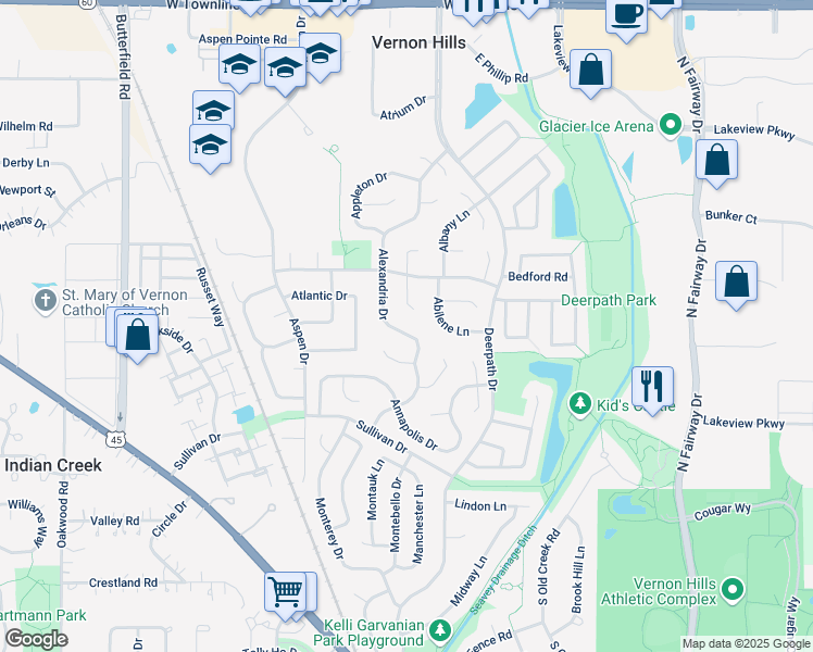 map of restaurants, bars, coffee shops, grocery stores, and more near 217 Alexandria Drive in Vernon Hills