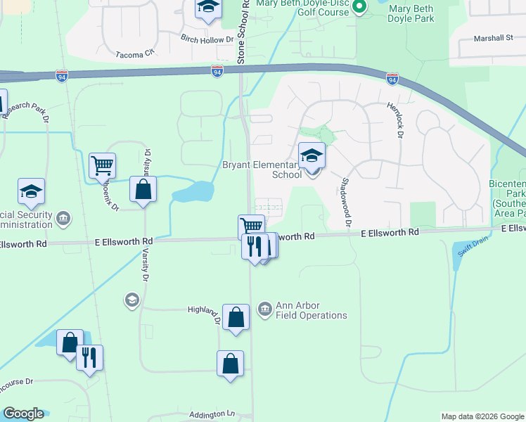 map of restaurants, bars, coffee shops, grocery stores, and more near 3016 Cloverly Lane in Ann Arbor