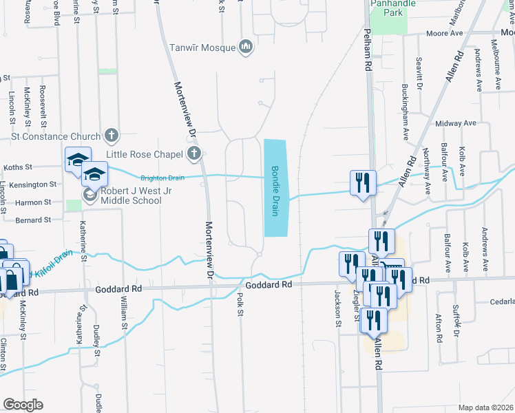 map of restaurants, bars, coffee shops, grocery stores, and more near 10683 Island Lake Drive in Taylor