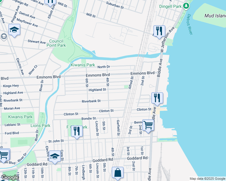 map of restaurants, bars, coffee shops, grocery stores, and more near 369 Highland Street in Wyandotte