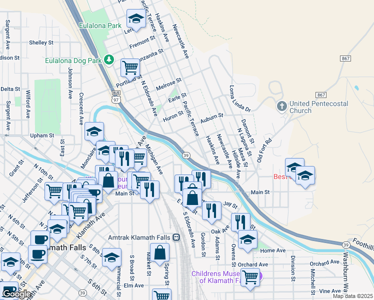 map of restaurants, bars, coffee shops, grocery stores, and more near 333 Crater Lake Parkway in Klamath Falls