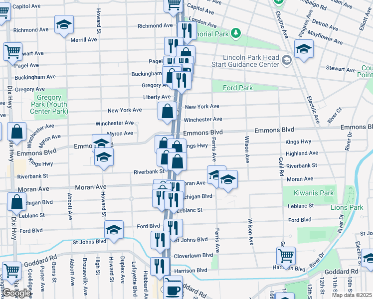 map of restaurants, bars, coffee shops, grocery stores, and more near 1089 Kings Hwy in Lincoln Park