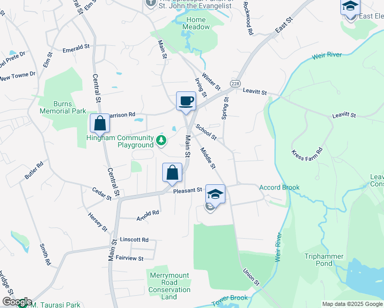 map of restaurants, bars, coffee shops, grocery stores, and more near 338 Main Street in Hingham