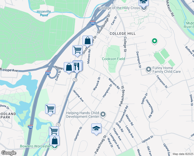 map of restaurants, bars, coffee shops, grocery stores, and more near 10 Warwick Street in Worcester