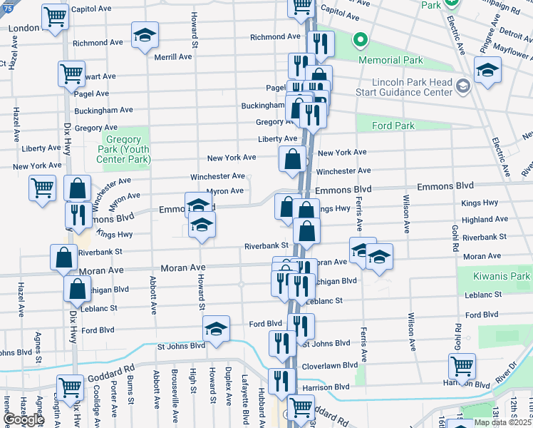map of restaurants, bars, coffee shops, grocery stores, and more near 1347-1369 Emmons in Lincoln Park