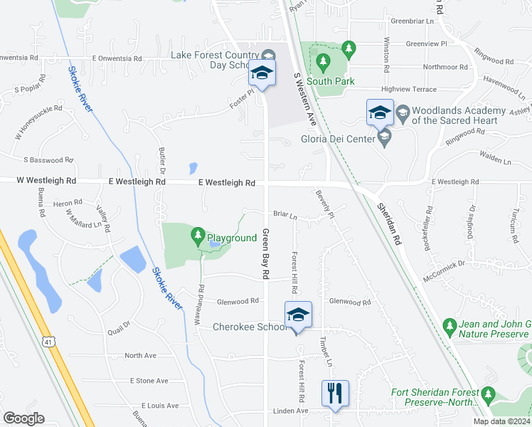 map of restaurants, bars, coffee shops, grocery stores, and more near S Green Bay Rd & Briar Ln in Lake Forest