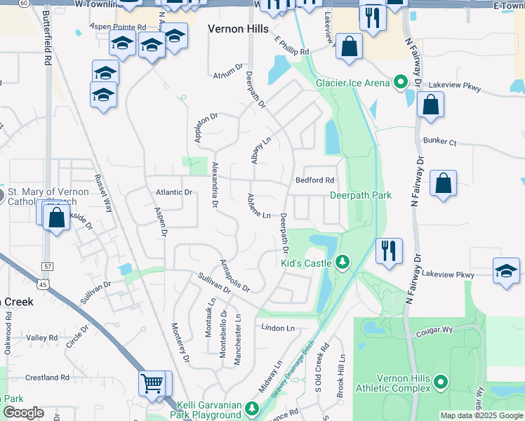 map of restaurants, bars, coffee shops, grocery stores, and more near 209 Abilene Lane in Vernon Hills