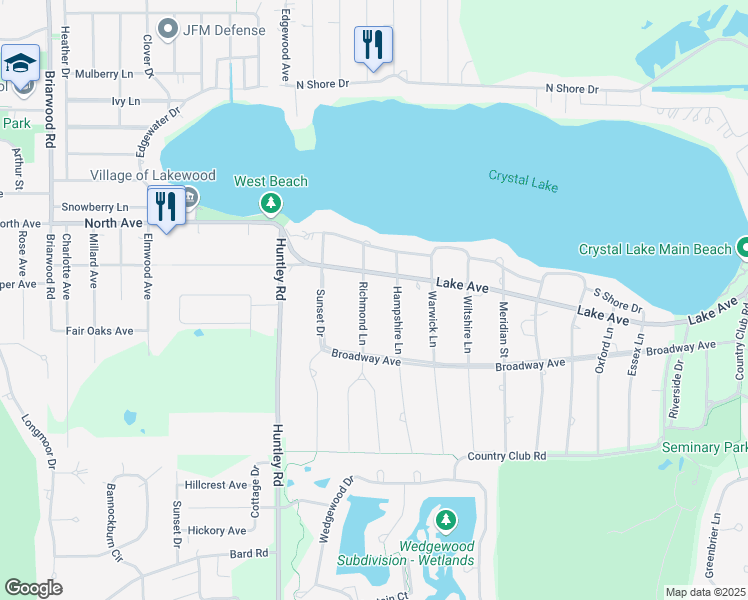 map of restaurants, bars, coffee shops, grocery stores, and more near 333 Richmond Lane in Village of Lakewood