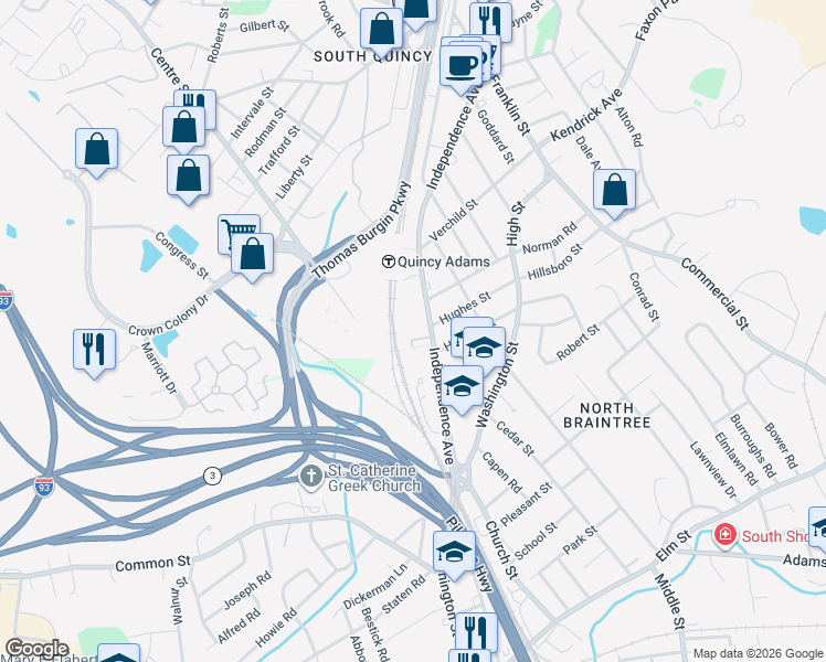 map of restaurants, bars, coffee shops, grocery stores, and more near 1 Bennett Lane in Quincy