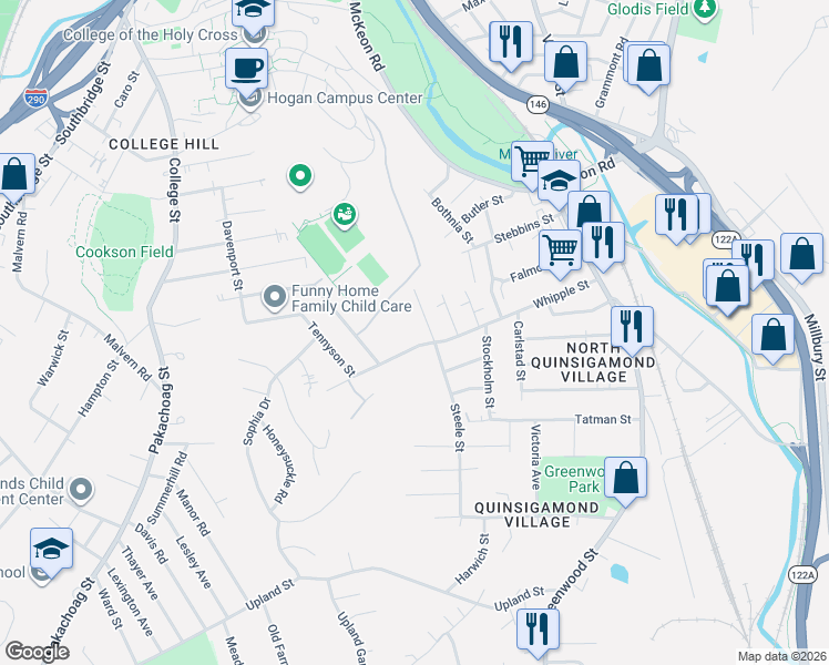 map of restaurants, bars, coffee shops, grocery stores, and more near 5 North Steele Street in Worcester