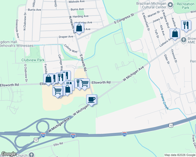 map of restaurants, bars, coffee shops, grocery stores, and more near 2140 Ellsworth Road in Ypsilanti