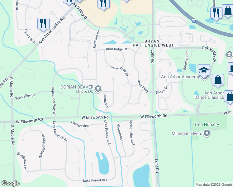 map of restaurants, bars, coffee shops, grocery stores, and more near 3831 Arcadia Drive in Ann Arbor