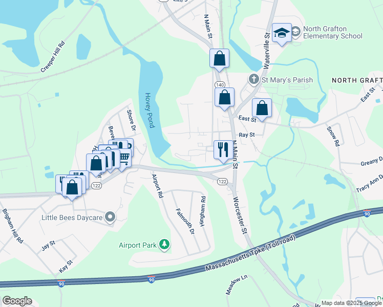 map of restaurants, bars, coffee shops, grocery stores, and more near 19 Mill Street in Grafton