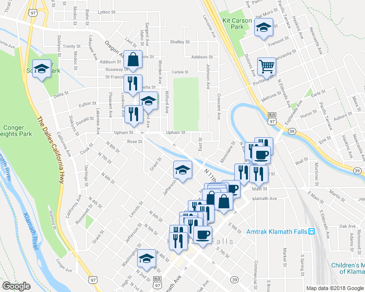 map of restaurants, bars, coffee shops, grocery stores, and more near 611 North 11th Street in Klamath Falls