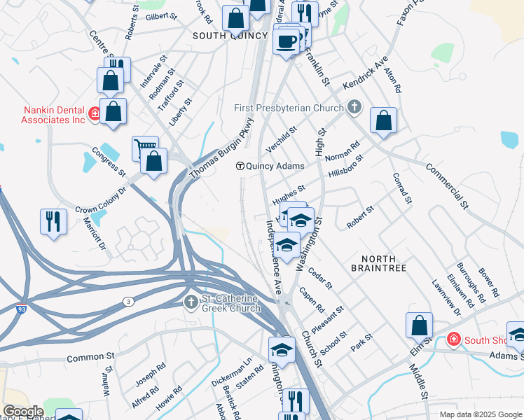 map of restaurants, bars, coffee shops, grocery stores, and more near 242 Independence Avenue in Quincy