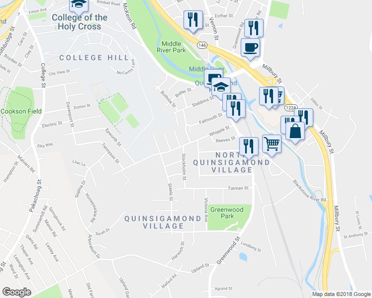 map of restaurants, bars, coffee shops, grocery stores, and more near 55 Whipple Street in Worcester