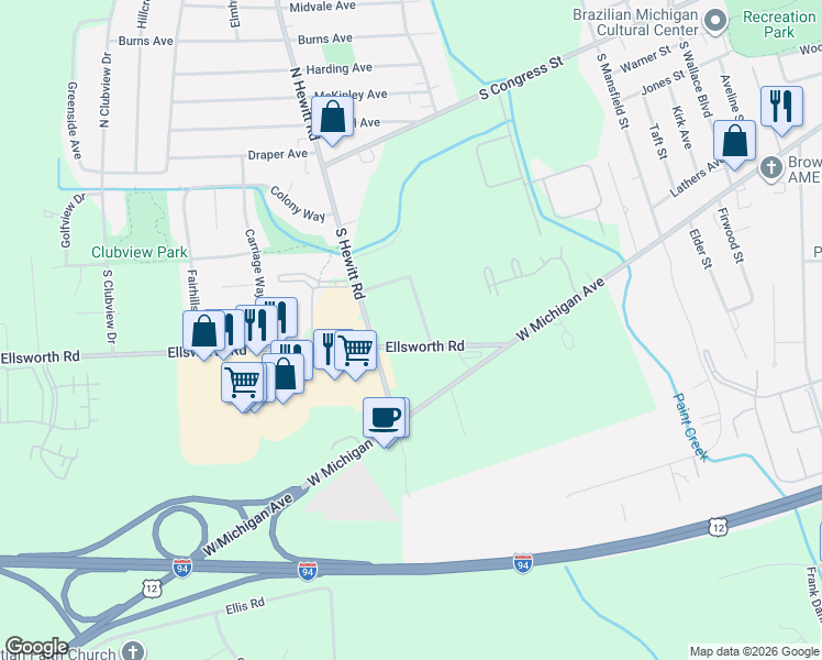 map of restaurants, bars, coffee shops, grocery stores, and more near 2140 Ellsworth Road in Ypsilanti