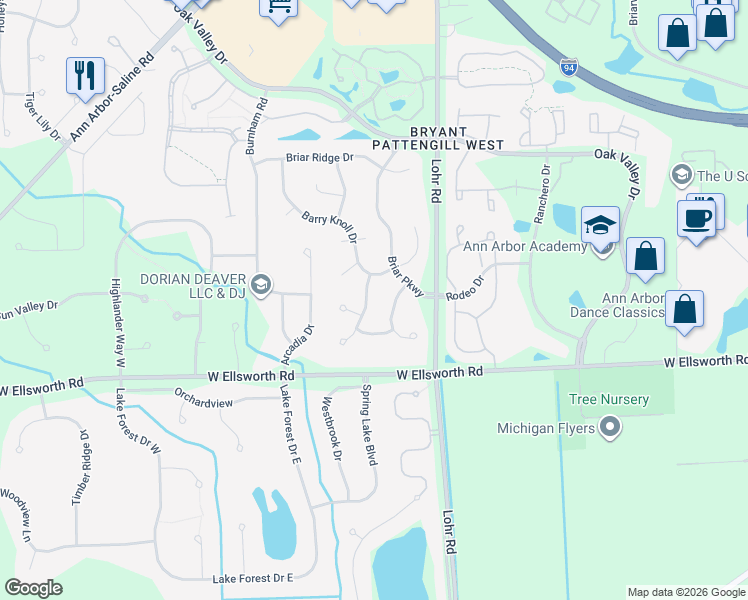 map of restaurants, bars, coffee shops, grocery stores, and more near 3828 Lake Pointe Lane in Ann Arbor