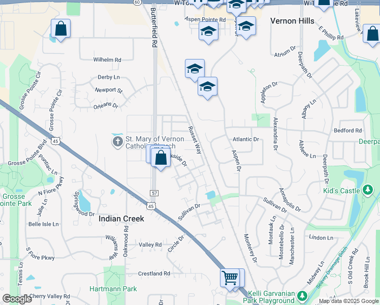 map of restaurants, bars, coffee shops, grocery stores, and more near 212 Russet Way in Vernon Hills