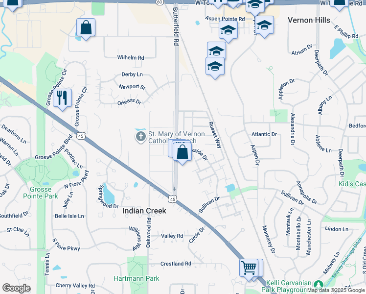 map of restaurants, bars, coffee shops, grocery stores, and more near 202 Sunset Court in Vernon Hills