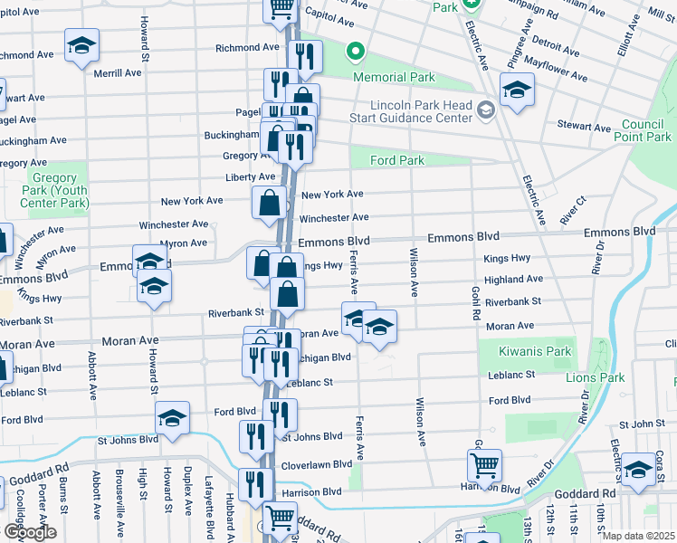 map of restaurants, bars, coffee shops, grocery stores, and more near 1027 Kings Highway in Lincoln Park