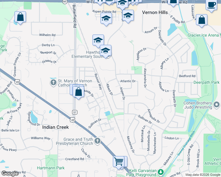 map of restaurants, bars, coffee shops, grocery stores, and more near 209 Albert Drive in Vernon Hills