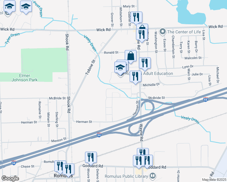 map of restaurants, bars, coffee shops, grocery stores, and more near 35601 Stephanie Street in Romulus