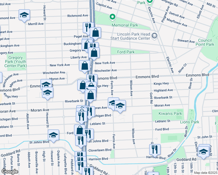 map of restaurants, bars, coffee shops, grocery stores, and more near 1027 Kings Highway in Lincoln Park