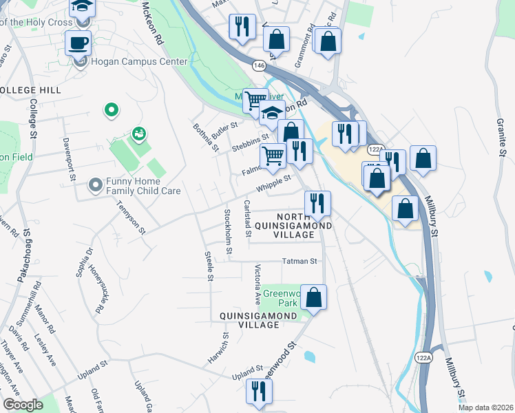 map of restaurants, bars, coffee shops, grocery stores, and more near 5 Carlstad Street in Worcester