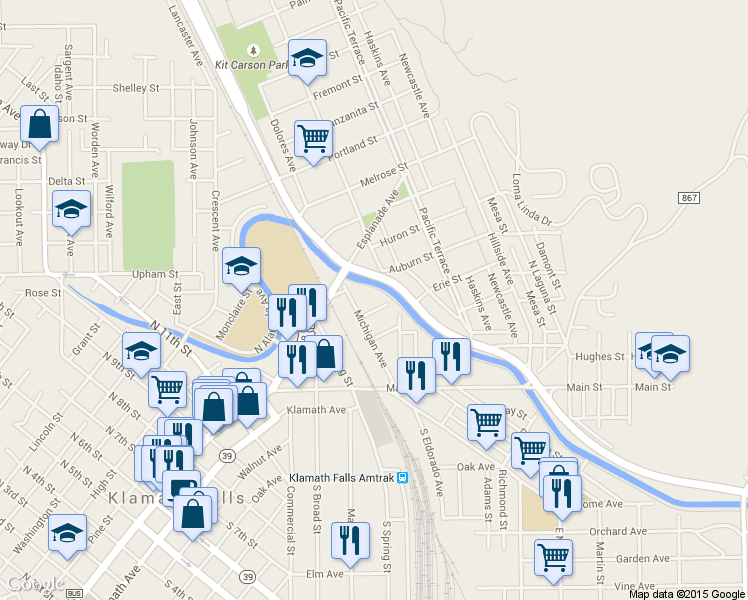 map of restaurants, bars, coffee shops, grocery stores, and more near 1737 Menlo Way in Klamath Falls