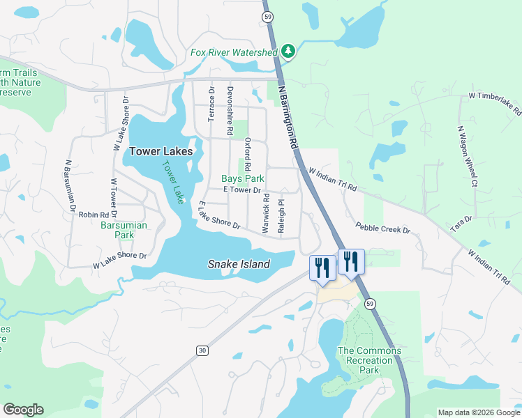 map of restaurants, bars, coffee shops, grocery stores, and more near 25279 Oxford Road in Tower Lakes
