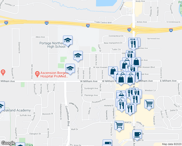 map of restaurants, bars, coffee shops, grocery stores, and more near 5913 Nevada Avenue in Portage