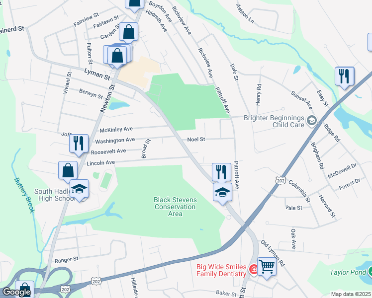 map of restaurants, bars, coffee shops, grocery stores, and more near 46 Lyman Street in South Hadley